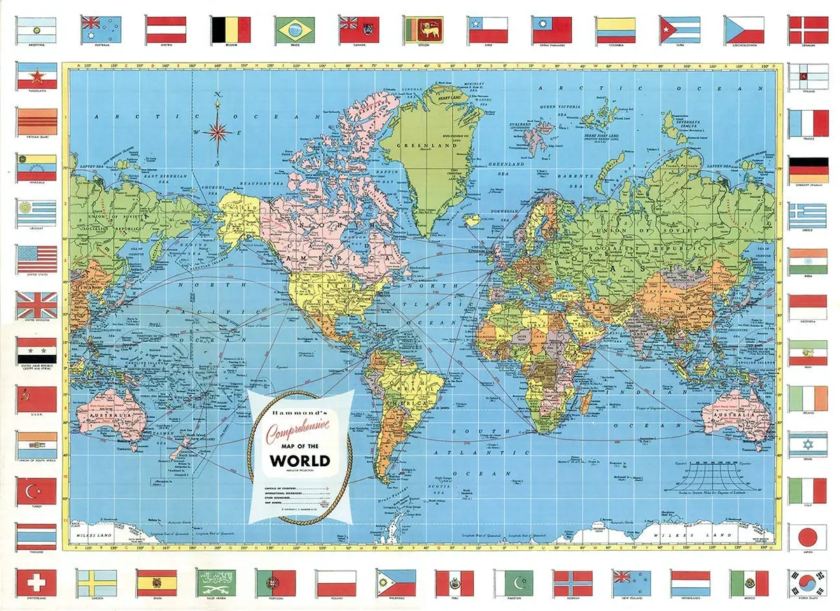 Mid Century Hammond's Comprehensive Map Of The World - Laminated 1