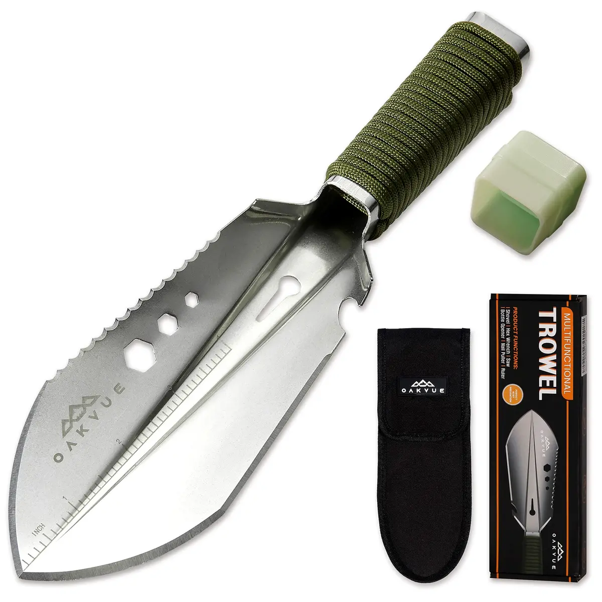 Oakvue Backpacking Trowel – Lightweight Shovel For Camping, Hiking, Backpacking, Gardening – Compact Survival Multitool With Carrying Sheath (Silver) 1