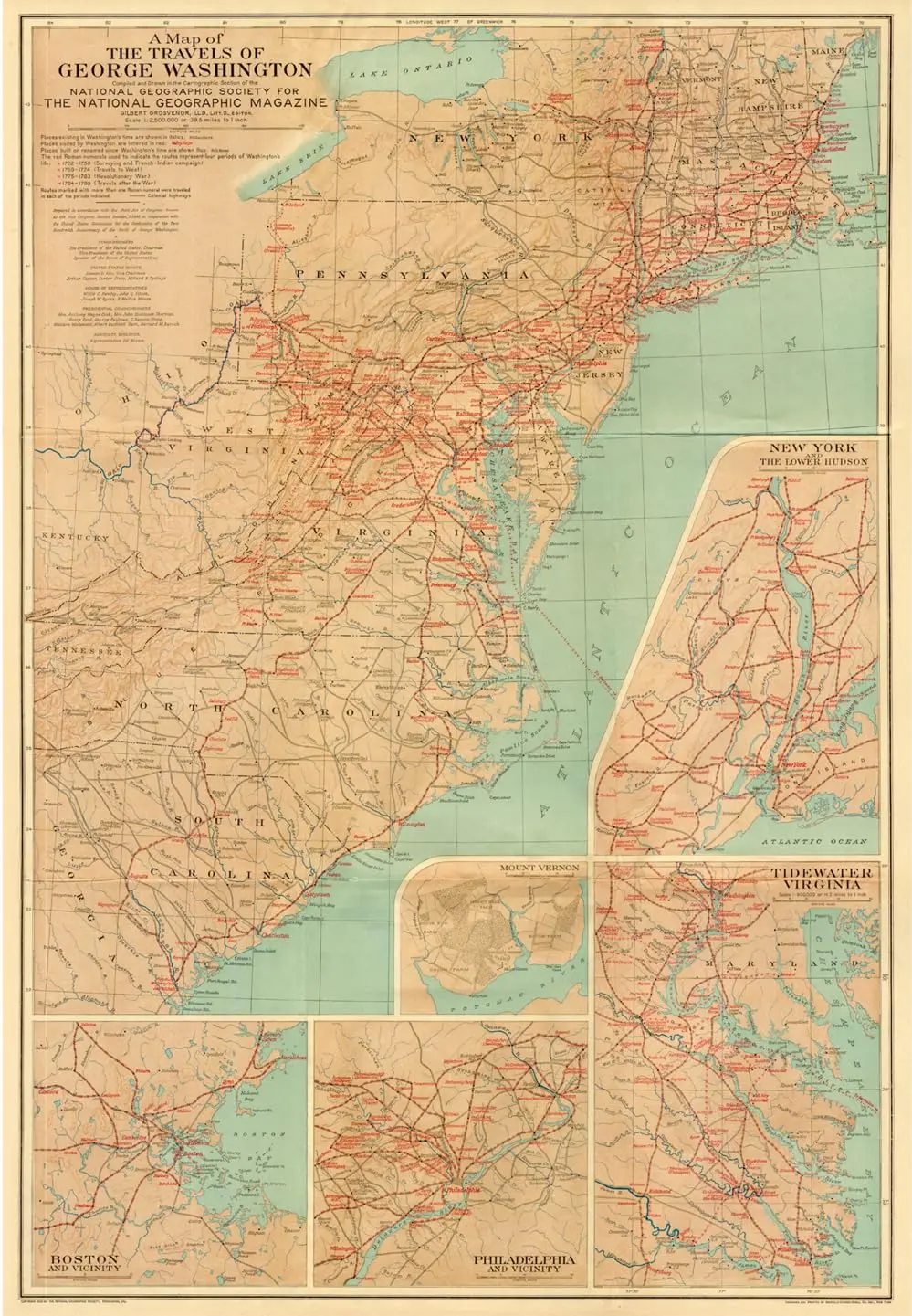 1930 A Map Of The Travels Of George Washington Paper/Non-Laminated Historical Map Reprint [Map] Representative Sol Bloom 1