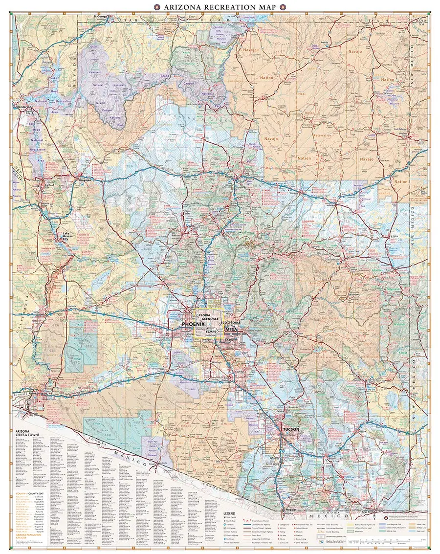Arizona Recreation Wall Map Dry Erase Ready-To-Hang 1