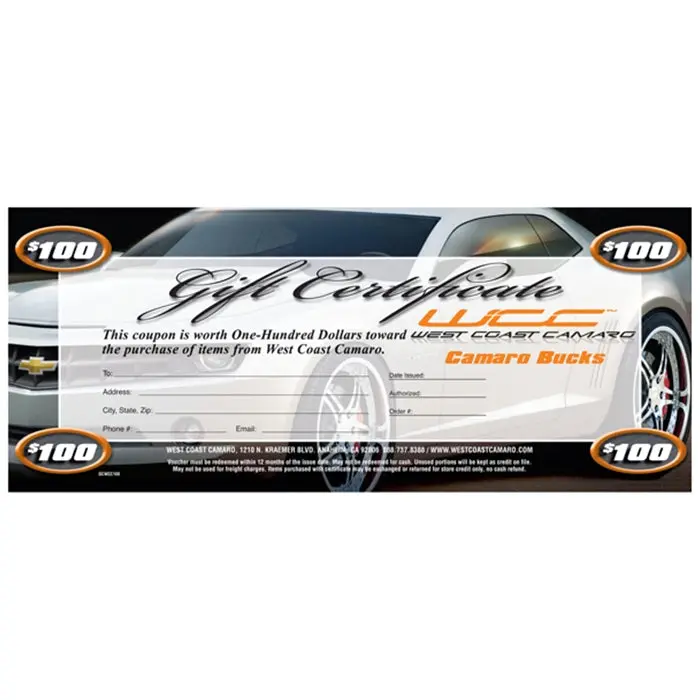 West Coast Camaro - 100 Dollar Gift Certificate 1