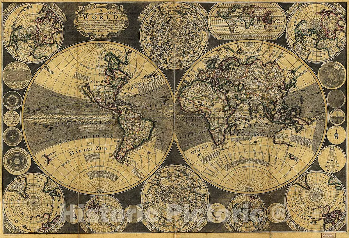 Historic 1702 Map - A New And Correct Map Of The World : Laid Down According To The Newest Observations & Discoveries In Several Different Projections Including The Trade Winds, Monsoons 44In X 30In 1