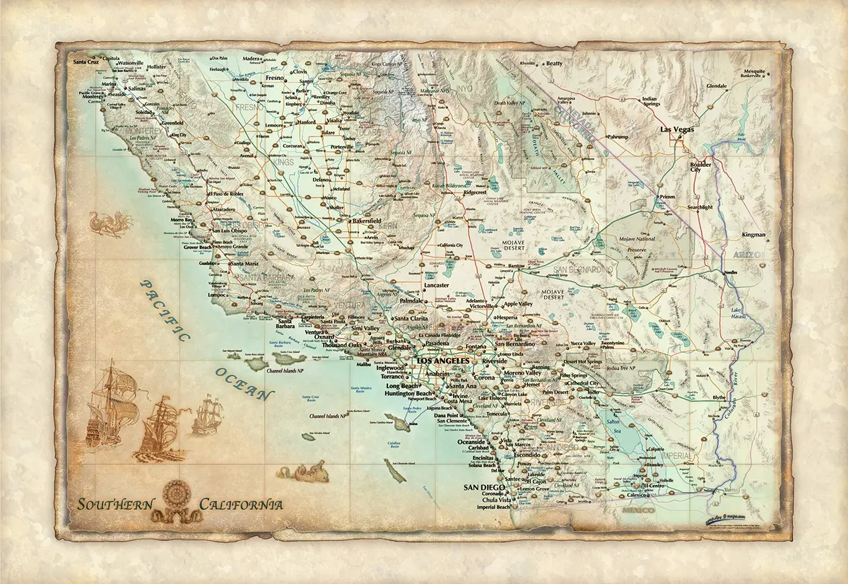 Antiqued Southern California Jumbo-Size Wall Mural [Map] Compart Maps And William & Olga Tipton 1