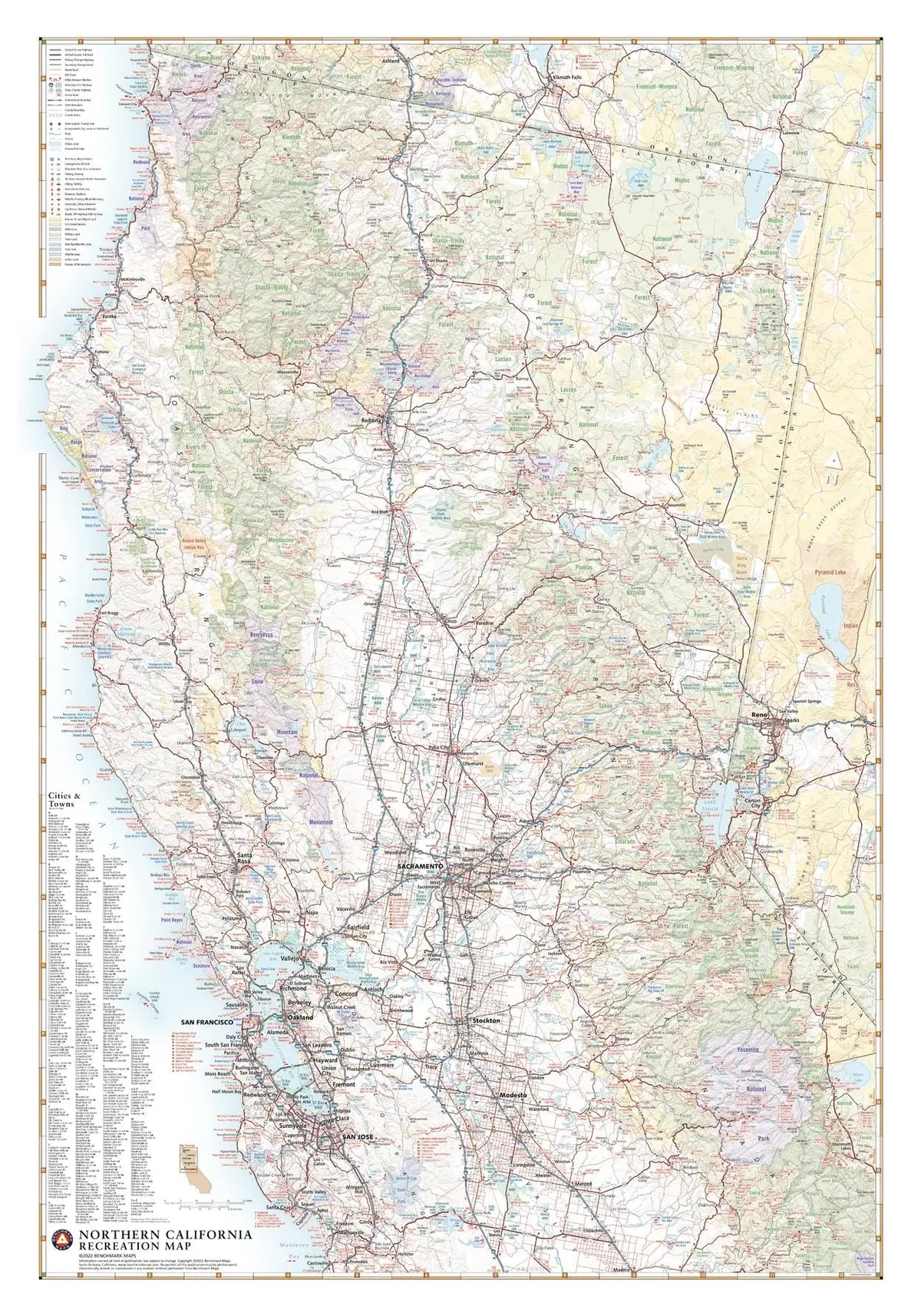 Benchmark Maps: Northern California Recreation Wall Map - 26 X 37 Inches - Front Lamination 1