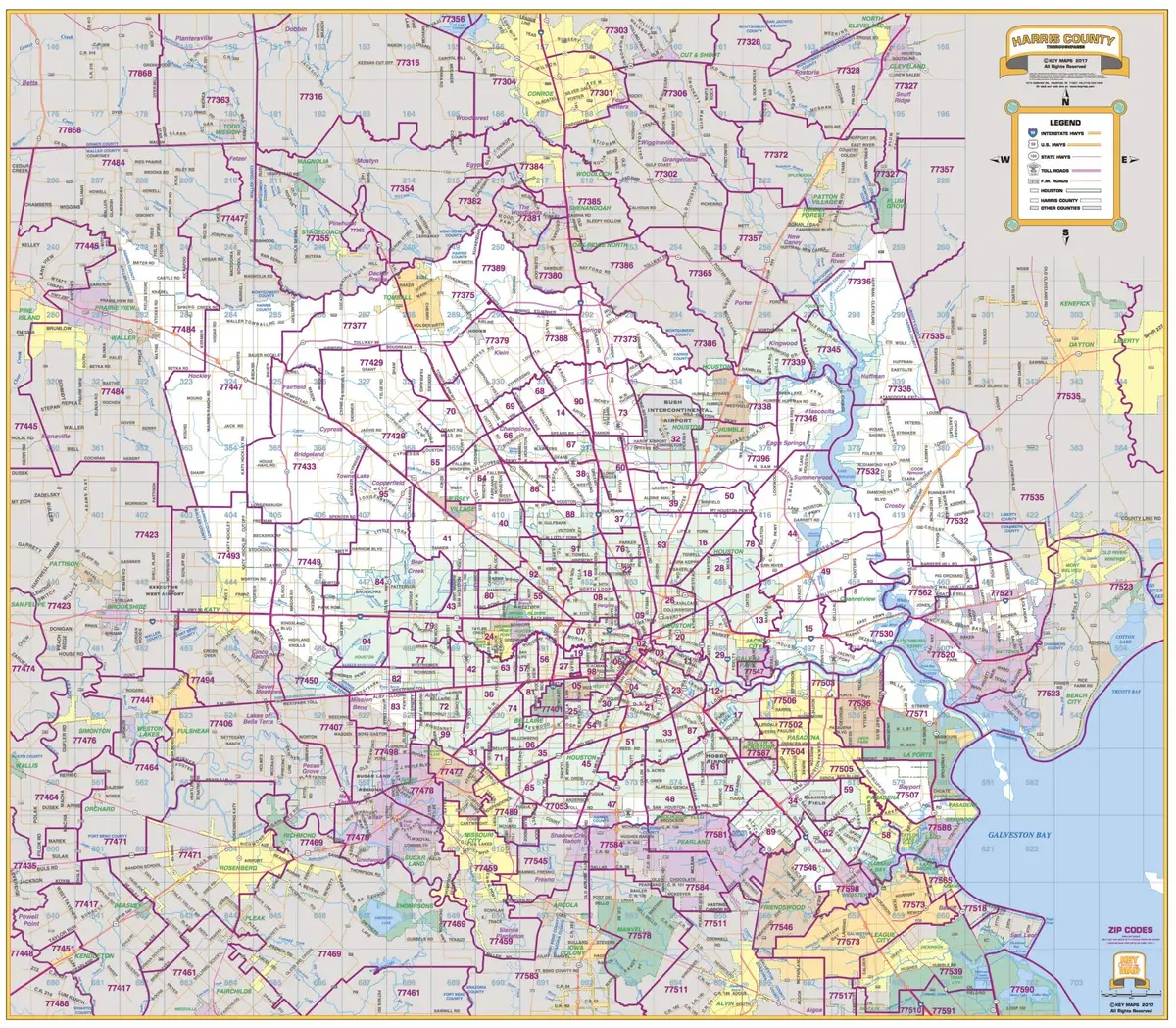 Harris County Thoroughfares 46" × 40" Zip Codes Laminated Wall Map [Map] Key Map 1