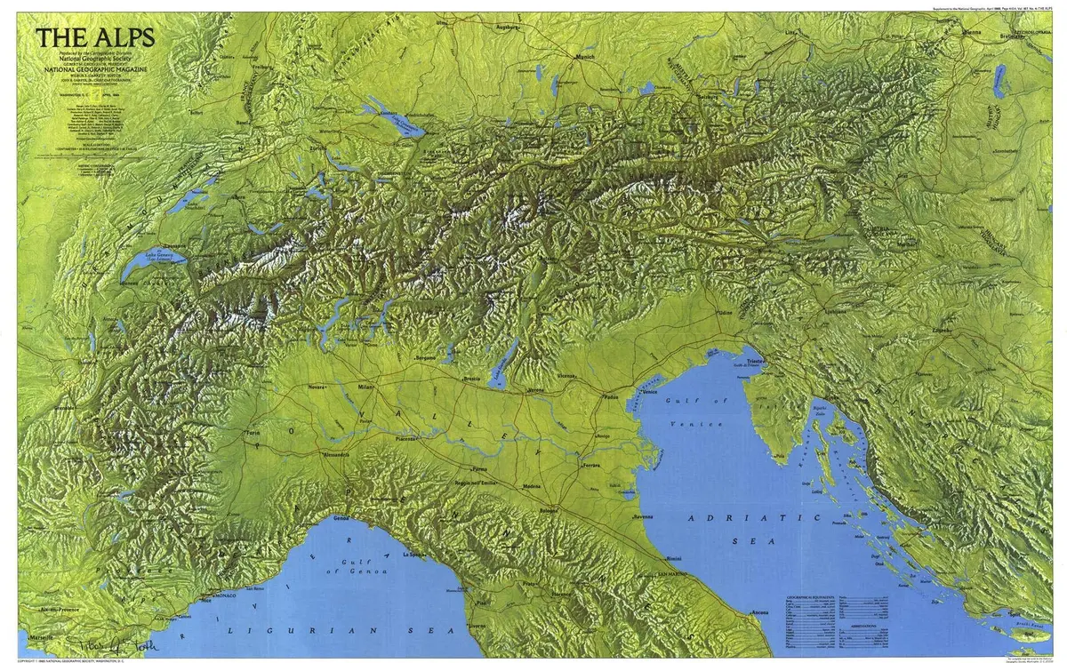 National Geographic: The Alps 1985 - Historical Wall Map Series - 36 X 22.25 Inches 1