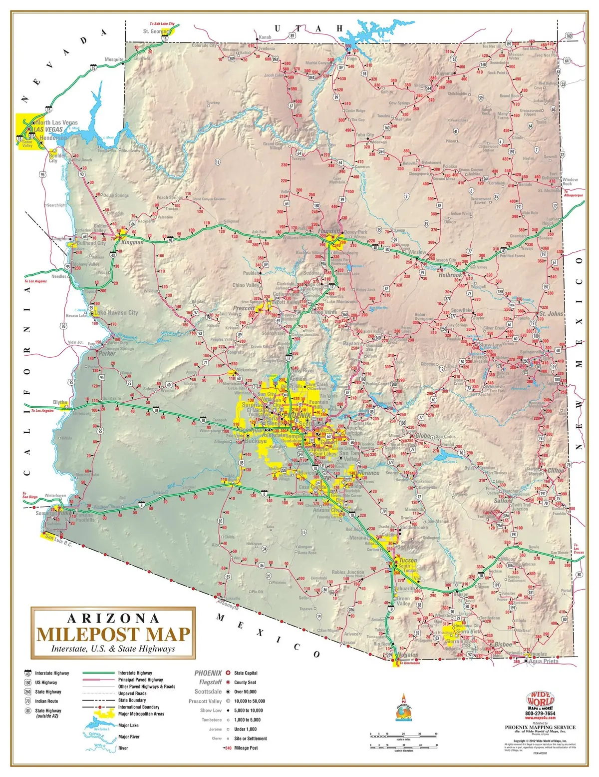 Arizona Milepost Map: Interstate, U.S, & State Highways - Full-Size Dry Erase Laminated 1