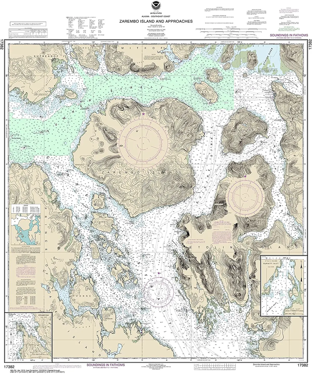 Maphouse Noaa Chart 17382 Zarembo Island Approaches;Burnett Inlet, Etolin Island;Steamer Bay: 38.91" X 32.37" Paper Chart 1