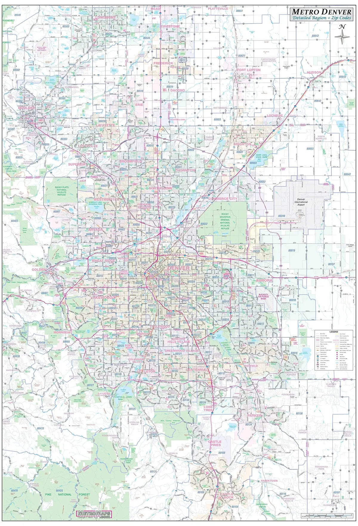 Greater Denver Detailed Region Wall Map W/Zip Codes Large 48"X70" [Map] Metro Maps 1