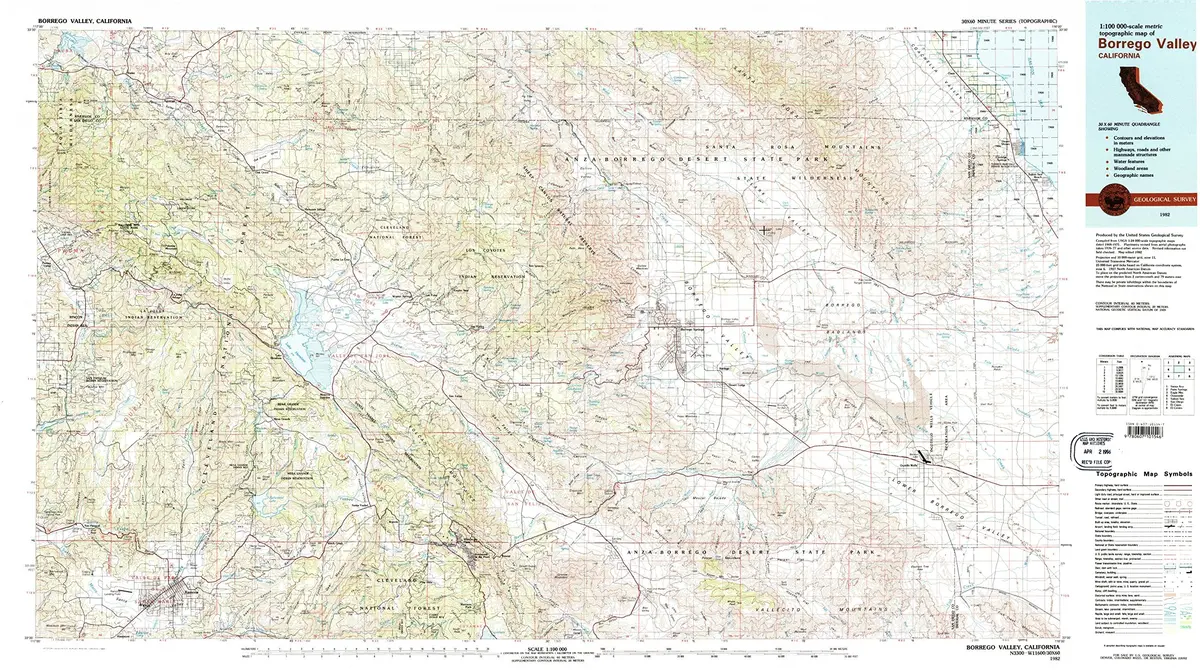 Yellowmaps Borrego Valley Ca Topo Map, 1:100000 Scale, 30 X 60 Minute, Historical, 1982, Updated 1983, 24.1 X 43.1 In 1