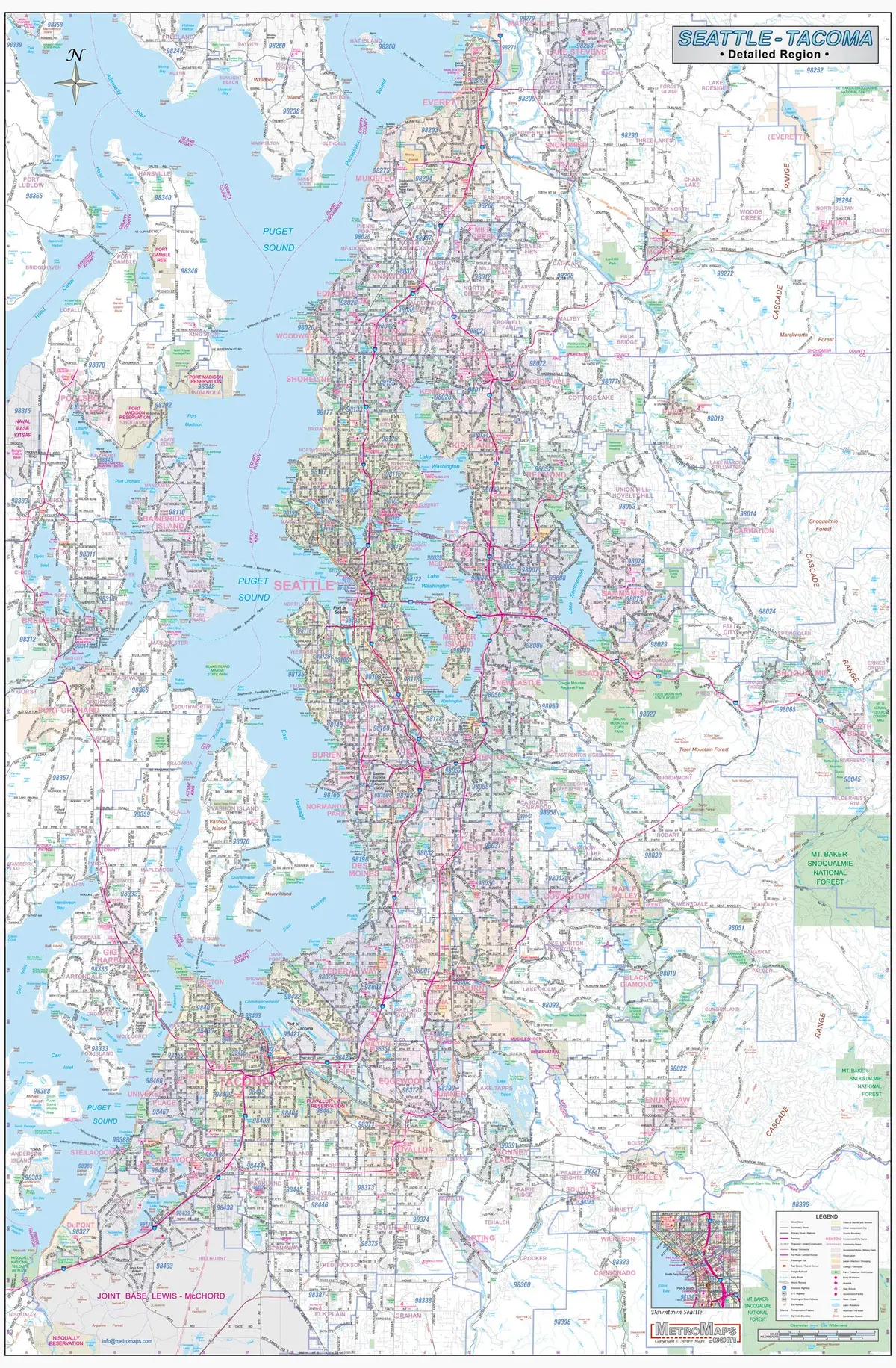 Seattle-Tacoma Wa Detailed Region Wall Map 36"X54" W/Zip Codes Laminated [Map] Metro Maps 1