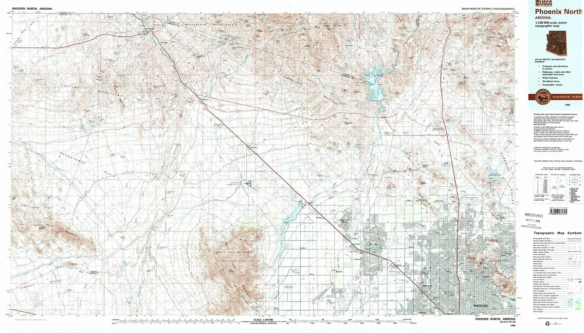 Yellowmaps Phoenix North Az Topo Map, 1:100000 Scale, 30 X 60 Minute, Historical, 1988, Updated 1989, 24.1 X 42.3 In 1