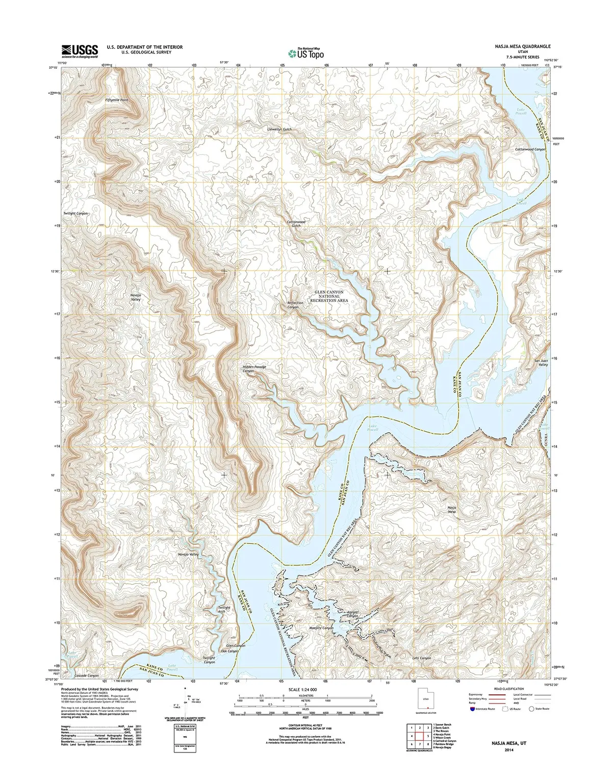 Topographic Map Poster - Nasja Mesa, Ut Tnm Geopdf 7.5X7.5 Grid 24000-Scale Tm 2011, 19"X24", Glossy Finish 1
