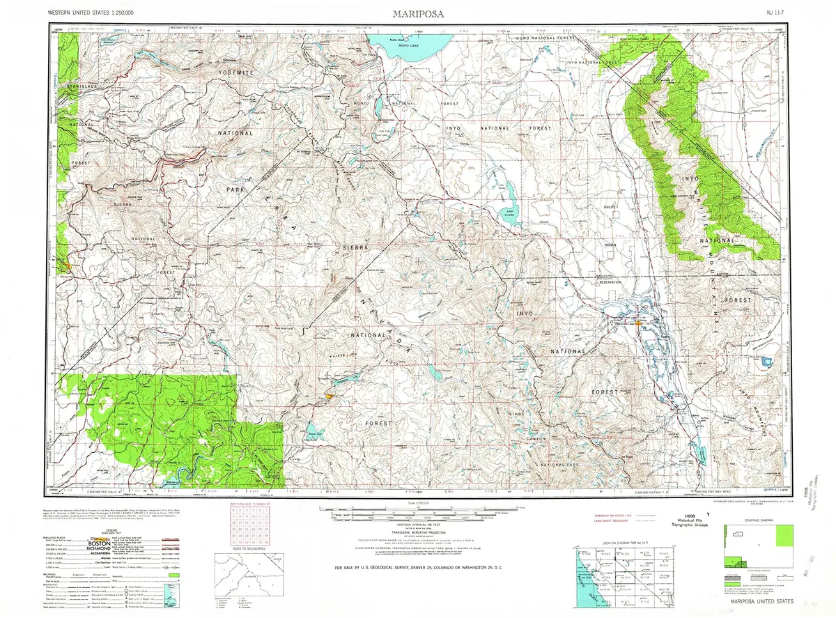 Yellowmaps Mariposa Ca Topo Map, 1:250000 Scale, 1 X 2 Degree, Historical, 1963, Updated 1963, 23.8 X 32.1 In - Tyvek 1