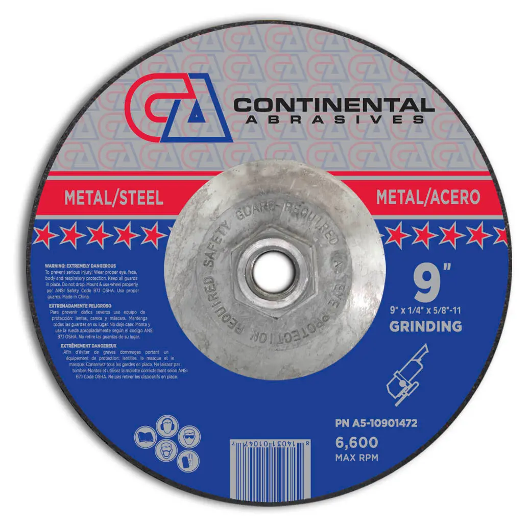9" X 1/4" X 5/8"-11 T27 Depressed Center Aluminum Oxide Grinding Wheel, 5/8" -11 Flange 1