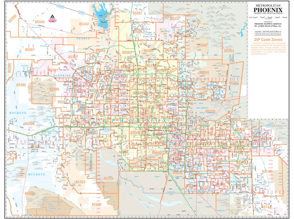 Metropolitan Phoenix Arterial And Collector Streets Full-Size Zip Code Wall Map Ready-To-Hang [Map] Doug Minnis 1
