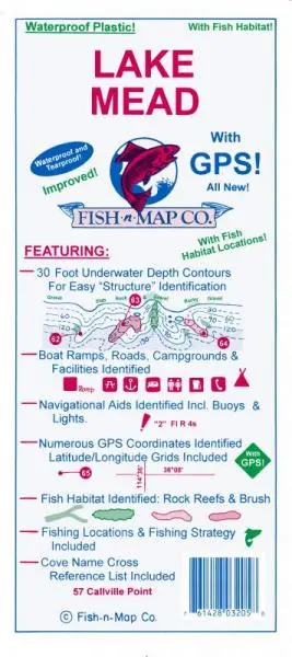 Lake Mead With Gps! All New! Waterproof And Tearproof Plastic! Improved! With Fish Habitat Locations! 1