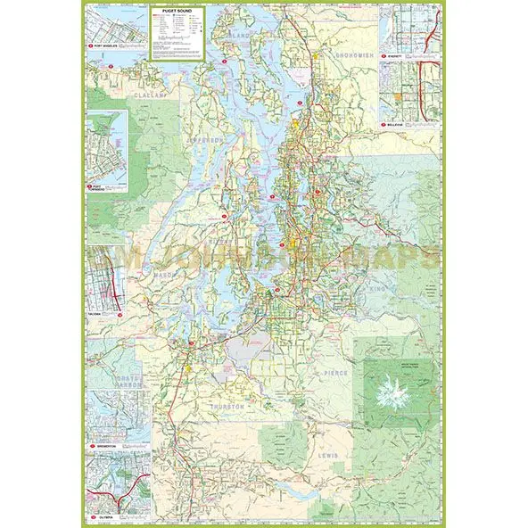 Seattle-Tacoma, Washington | Vancouver, Bc To Mount Rainier Vicinity Map Gloss Laminated 1